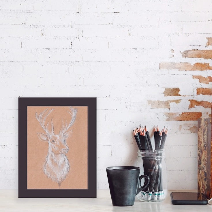 Cerf, Deer Illustration, Beautiful Deer Illustration hand made, White deer, Edemota, Edwidge De Mota, Brown decor, Nature decor, wood decor, forest decor
