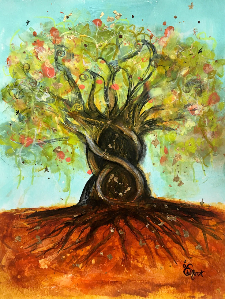 arbre de vie, life tree, mixed media artwork, aqua blue, roots, joyfull artwork, home decor, Edemota, Edwidge De Mota