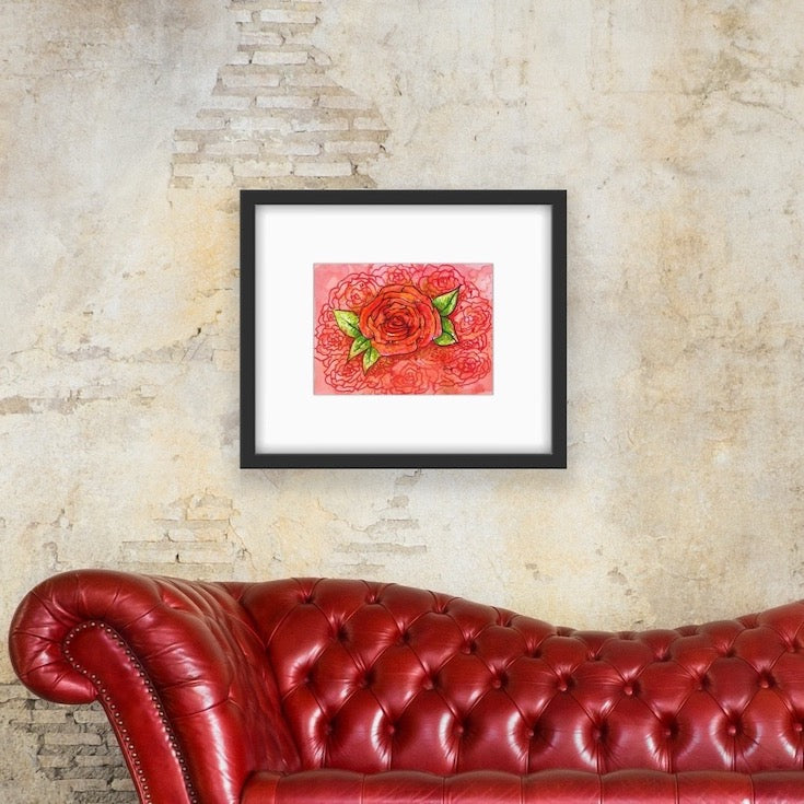 Rose, Red, Illustration, paint, Watercolor, drawing, colorfull, vibrant, eccentric home decor,