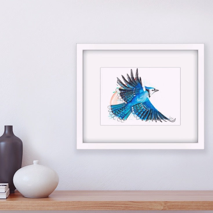 Blue Jay bird, Blue Jay illustration, hand made illustration, Geai bleu illustration, watercolor, mixed media, drawing, Edwidge De Mota, Edemota, Home decor, Blue decor, original artwork,