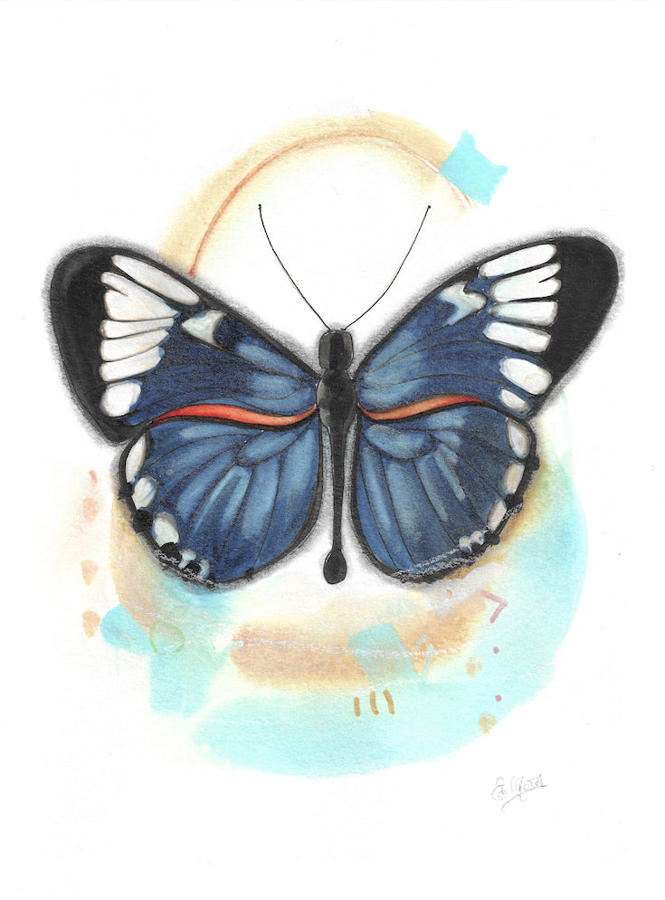 Blue Butterfly, Watercolor illustration, watercolor painting, boho decor, Edemota, Edwidge De Mota