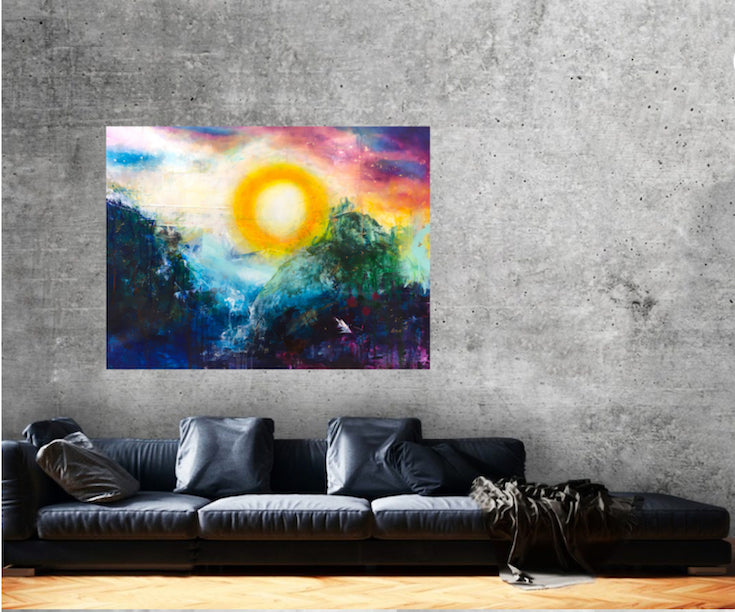 Abstract landscape, mixed media artwork, Mindvalley, collage, Sunset, Sun, Light, Hope, Joy,