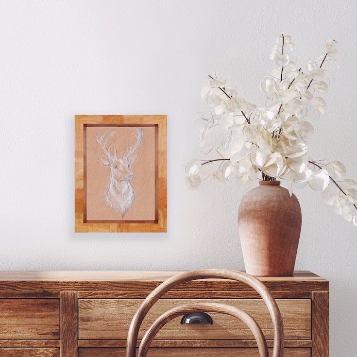 Cerf, Deer Illustration, Beautiful Deer Illustration hand made, White deer, Edemota, Edwidge De Mota, Brown decor, Nature decor, wood decor, forest decor