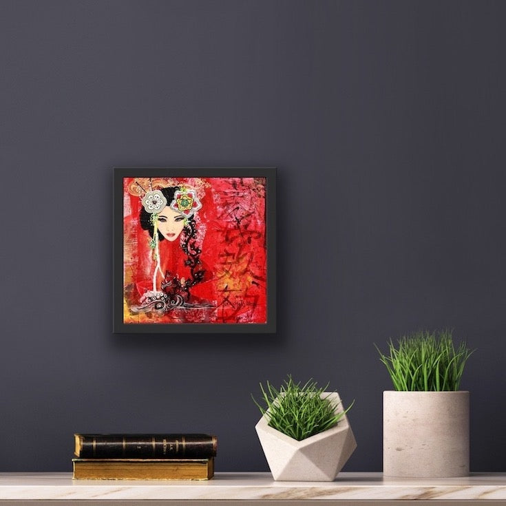 Asian style, style asiatique, asian woman, femme asiatique, rouge, red, calligraphie asiatique, cool artwork, mixed media artwork, Edemota, Edwidge De Mota,