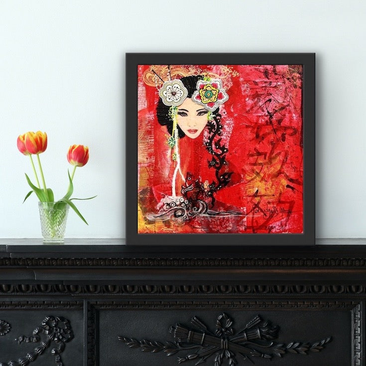 Asian style, style asiatique, asian woman, femme asiatique, rouge, red, calligraphie asiatique, cool artwork, mixed media artwork, Edemota, Edwidge De Mota,