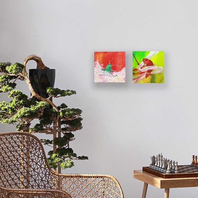 Golden fish, red fish, poisson rouge, asian fish, poisson de lune, poisson asiatique, peinture, artwork, cool painting, fluo green, vert fluo, edemota, edwidge de mota,