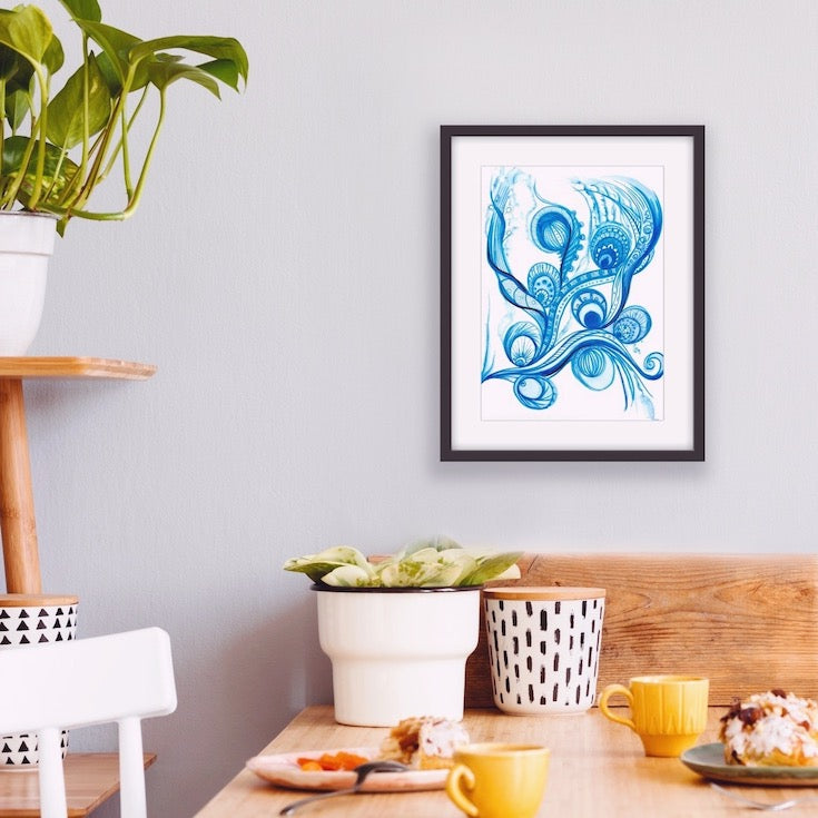 Bohemian blue abstract watercolor, Watercolor, Indian style, Ethnic style, Aquatic, tatoo, home decor, Edemota, Edwidge De Mota, Blue decor, blue home decor, chic decor, hand made artwork, original artwork