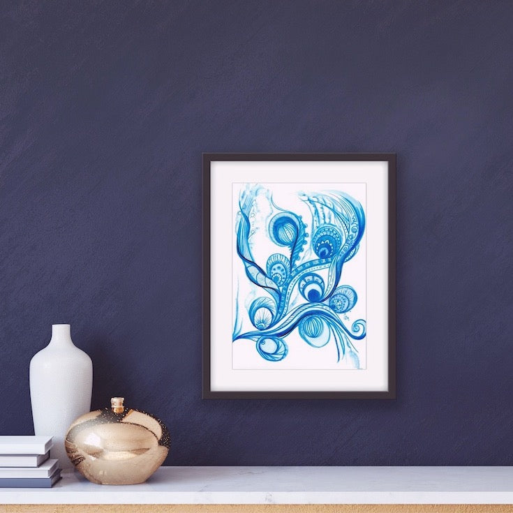 Bohemian blue abstract watercolor, Watercolor, Indian style, Ethnic style, Aquatic, tatoo, home decor, Edemota, Edwidge De Mota, Blue decor, blue home decor, chic decor, hand made artwork, original artwork