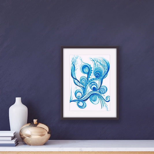 Bohemian blue abstract watercolor, Watercolor, Indian style, Ethnic style, Aquatic, tatoo, home decor, Edemota, Edwidge De Mota, Blue decor, blue home decor, chic decor, hand made artwork, original artwork