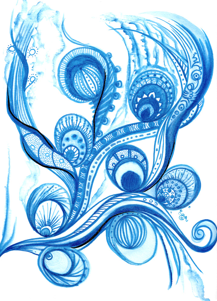 Bohemian blue abstract watercolor, Watercolor, Indian style, Ethnic style, Aquatic, tatoo, home decor, Edemota, Edwidge De Mota, Blue decor, blue home decor, chic decor, hand made artwork, original artwork