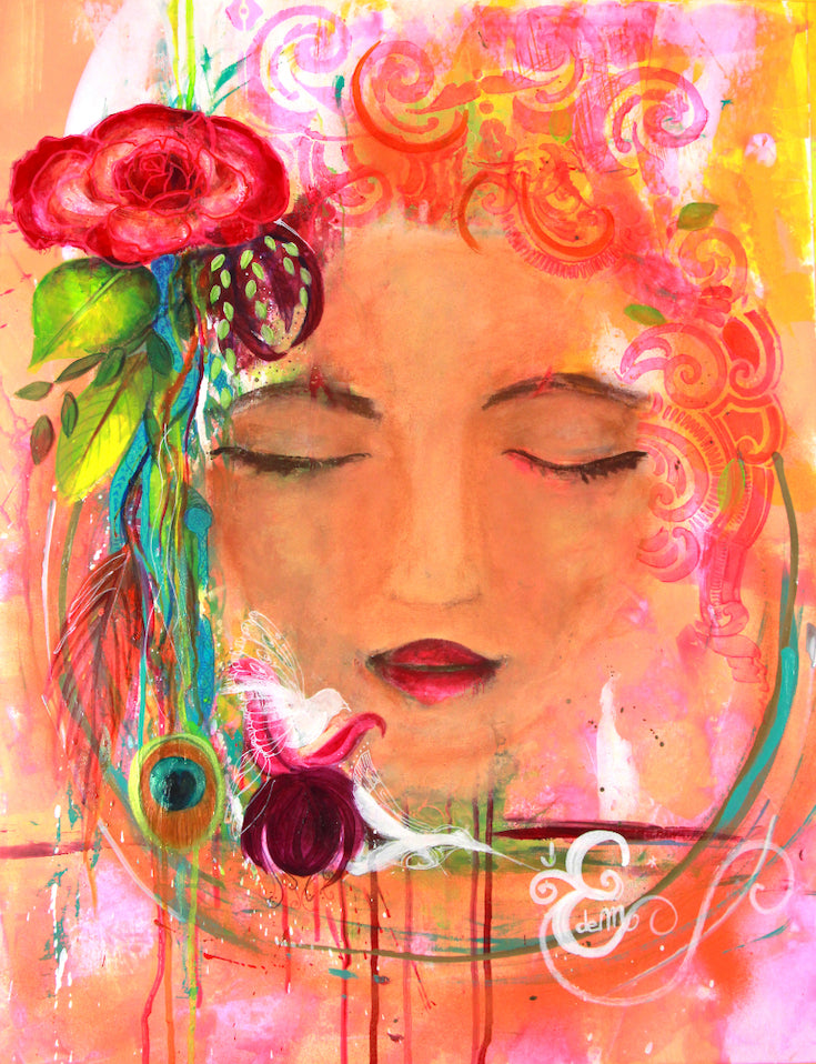 Woman, dream, meditation, pink, orange, rose, flower, fleur, plume, feather, paon, peacok, femme, turquoise, teal, yellow, jaune, orange, edemota, edwidge de mota, vibrante colors, couleurs vives, joy, joie