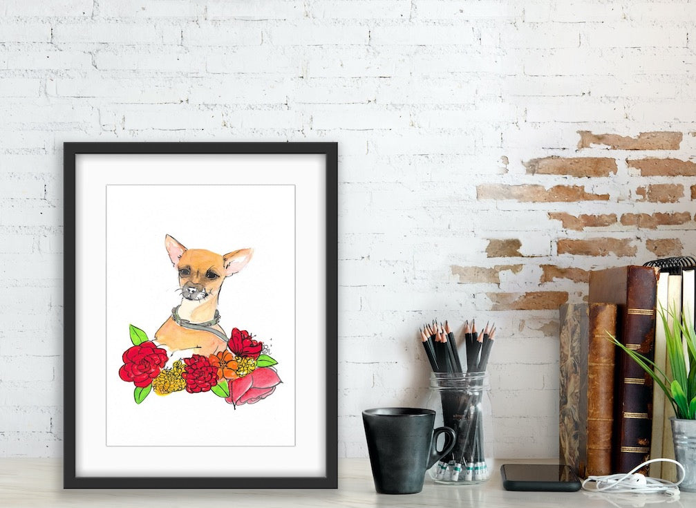 Chiwawa, Illustration, Beautiful Chiwawa illustration, watercolor, aquarelle, flowers, mexican inspiration, Frida, dog, red flower, hand made, Edemota, Edwidge De Mota, Home decor, Boho decor, Chiwawa fan