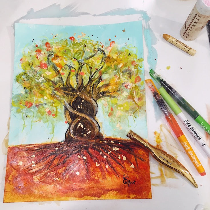 arbre de vie, life tree, mixed media artwork, aqua blue, roots, joyfull artwork, home decor, Edemota, Edwidge De Mota, Jane Davenport products,