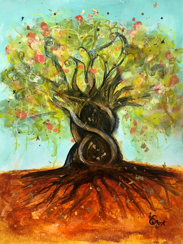 arbre de vie, life tree, mixed media artwork, aqua blue, roots, joyfull artwork, home decor, Edemota, Edwidge De Mota