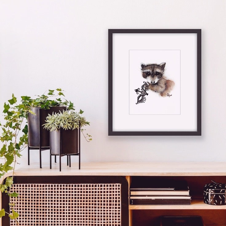 Raton laveur illustration, raccoon Illustration, Illustration, Watercolor, Aquarelle, Animal Totem, Animal Illustration, Cute raccoon artwork, Home decor, Cute home decor, boho decor, baby room decor, baby room illustration, chambre de bébé, Edemota, Edwidge De Mota, Artiste canadienne, artiste française