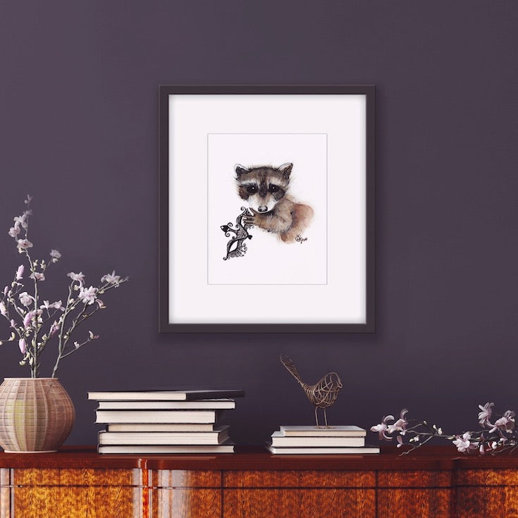 Raton laveur illustration, raccoon Illustration, Illustration, Watercolor, Aquarelle, Animal Totem, Animal Illustration, Cute raccoon artwork, Home decor, Cute home decor, boho decor, baby room decor, baby room illustration, chambre de bébé, Edemota, Edwidge De Mota, Artiste canadienne, artiste française