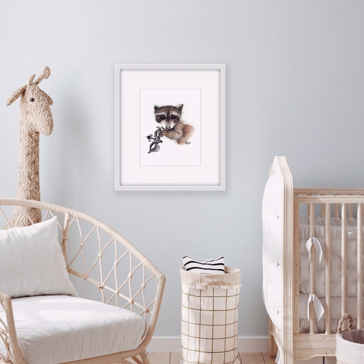 Raton laveur illustration, raccoon Illustration, Illustration, Watercolor, Aquarelle, Animal Totem, Animal Illustration, Cute raccoon artwork, Home decor, Cute home decor, boho decor, baby room decor, baby room illustration, chambre de bébé, Edemota, Edwidge De Mota, Artiste canadienne, artiste française