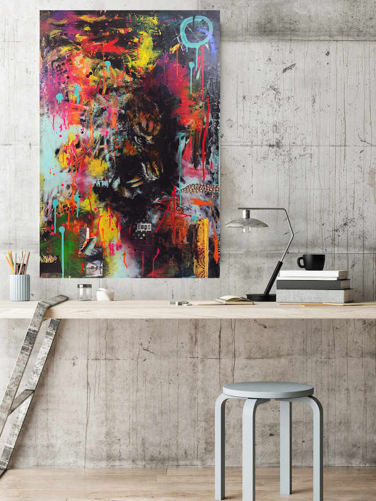 Tiger, Eye tiger, fluo colors, very cool artwork, street art style, street art inspiration, cool painting, beautiful tiger