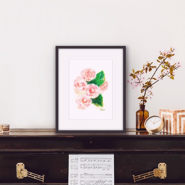 camelia illustration, camélia, illustration, watercolor, mixed media, hand drawing, beautiful artwork with camelia, aquarelle, sweet decor, sweet artwork, rose, pink, sweet pink, homedecor, edemota, edwidge de mota,