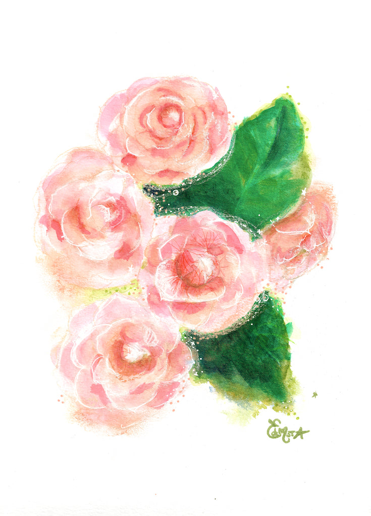 camelia illustration, camélia, illustration, watercolor, mixed media, hand drawing, beautiful artwork with camelia, aquarelle, sweet decor, sweet artwork, rose, pink, sweet pink, homedecor, edemota, edwidge de mota,