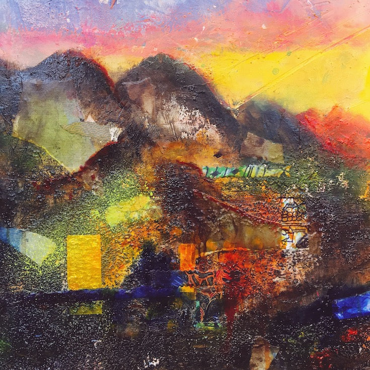 Abstract landscape, mixed media artwork, Mindvalley, collage, Sunset, Sun, Light, Hope, Joy,