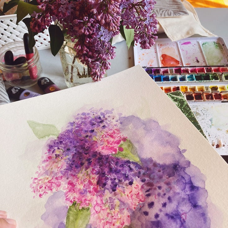 lilacs, watercolor, artwork, mixed media, lilas, violet, purple,