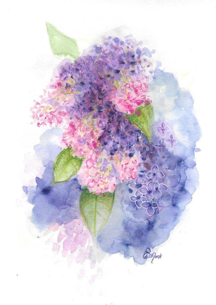 lilacs, watercolor, artwork, mixed media, lilas, violet, purple,
