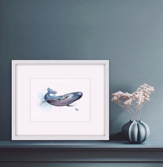Baleine, Baleine bleue, Whale, Blue Whale, Illustration, Watercolor, Aquarelle, Mixed media, Home decor, Edwidge De Mota, Edemota, Haida