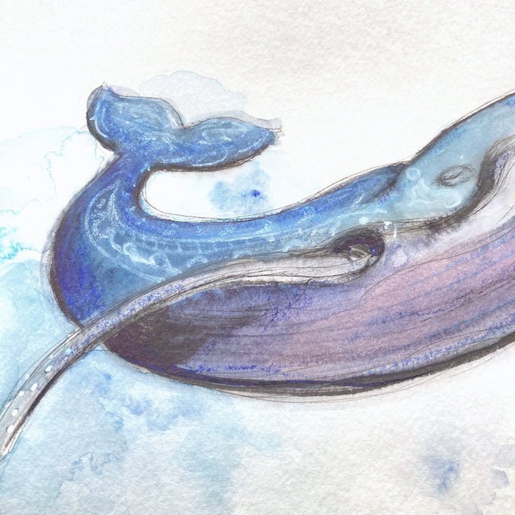 Baleine, Baleine bleue, Whale, Blue Whale, Illustration, Watercolor, Aquarelle, Mixed media, Home decor, Dolphin, Dauphin, Edwidge De Mota, Edemota,Haida