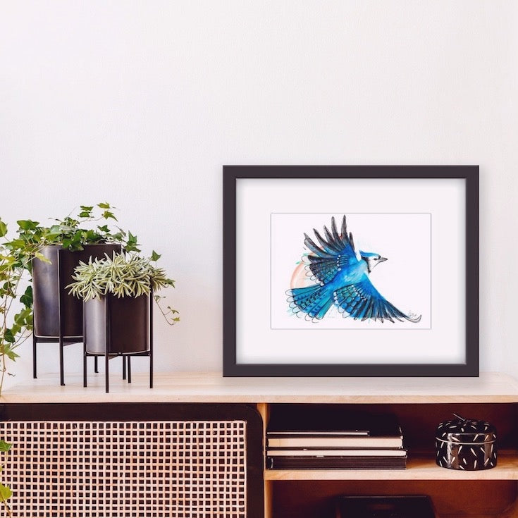 Blue Jay bird, Blue Jay illustration, hand made illustration, Geai bleu illustration, watercolor, mixed media, drawing, Edwidge De Mota, Edemota, Home decor, Blue decor, original artwork,