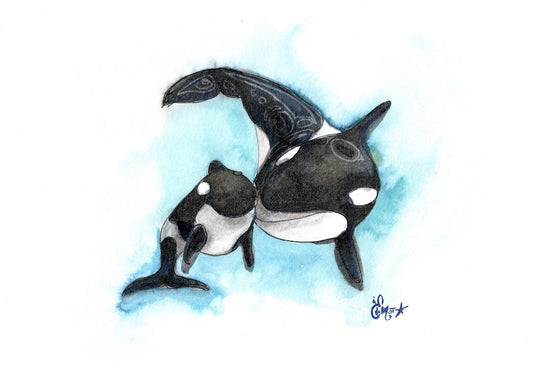orque, orca, épaulard, illustration, watercolor, aquarelle, animal, totem, mum and son, maman et fils, mum and baby, baby, maman et bébé, Edemota, Edwidge De Mota, Haida