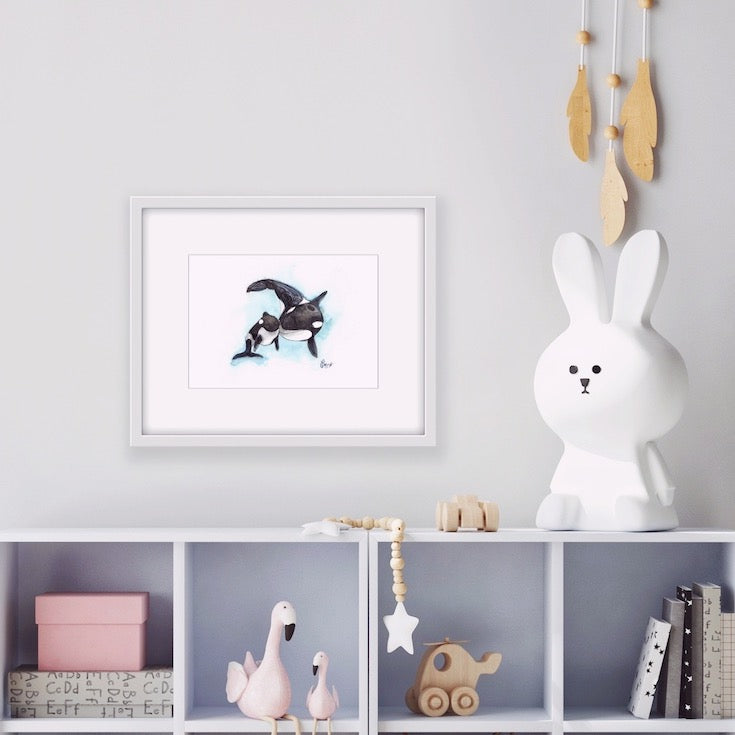 orque, orca, épaulard, illustration, watercolor, aquarelle, animal, totem, mum and son, maman et fils, mum and baby, baby, maman et bébé, Edemota, Edwidge De Mota, Haida