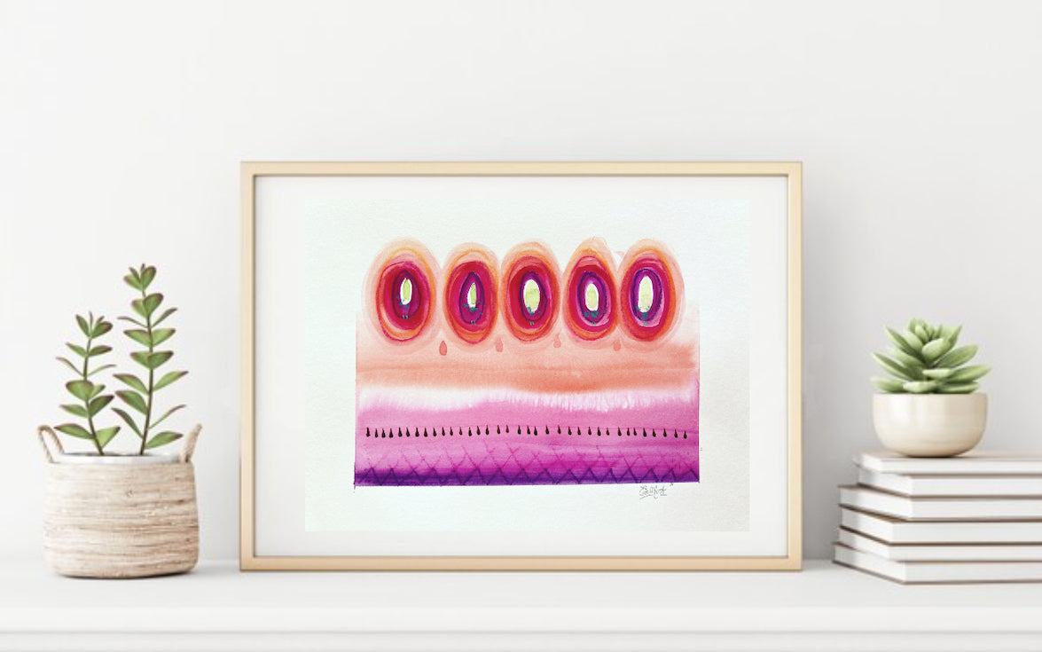 watercolor, vivid color, abstract watercolor, boho decor, home decor, cercle, magenta, purple, orange, terra cotta