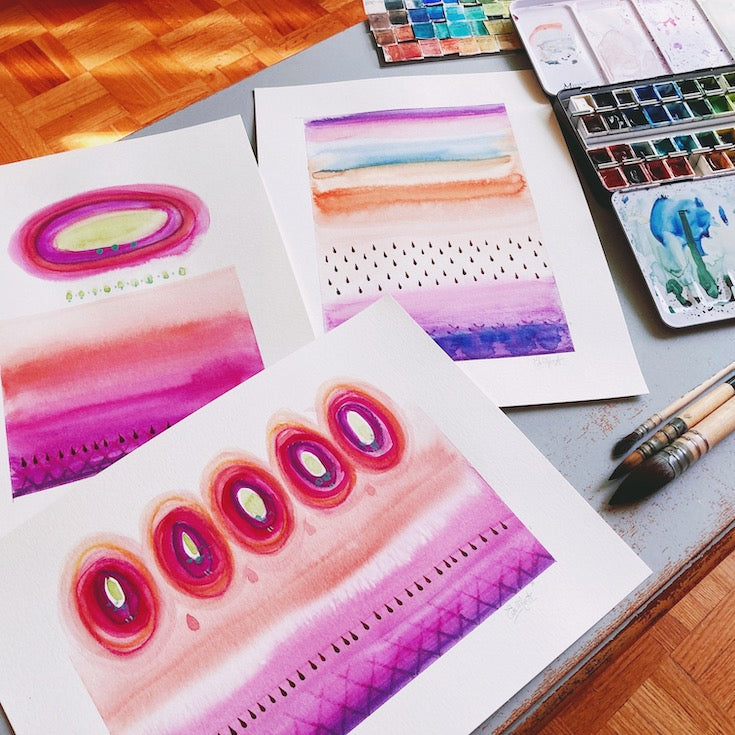 watercolor, vivid color, abstract watercolor, boho decor, home decor, cercle, magenta, purple, orange, terra cotta
