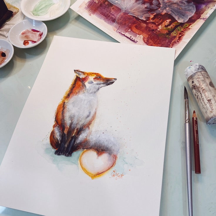 Fox, Renard, Illustration, Aquarelle, Watercolor, Mixed Media, Sweet illustration, Home decor, Edwidge De Mota, Edemota 