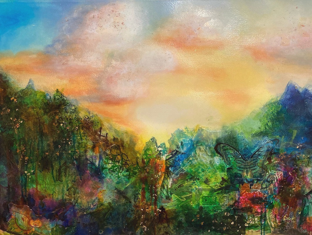 Abstract landscape, mixed media artwork, collage, Sunset, Mindvalley, Sun, Light, Hope, Joy, Edwidge De Mota, Edemota