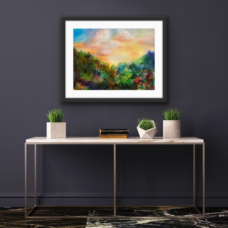 Abstract landscape, mixed media artwork, collage, Sunset, Mindvalley, Sun, Light, Hope, Joy, Edwidge De Mota, Edemota