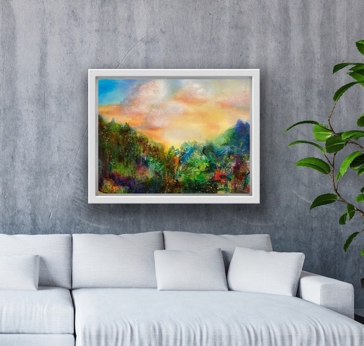 Abstract landscape, mixed media artwork, collage, Sunset, Mindvalley, Sun, Light, Hope, Joy, Edwidge De Mota, Edemota
