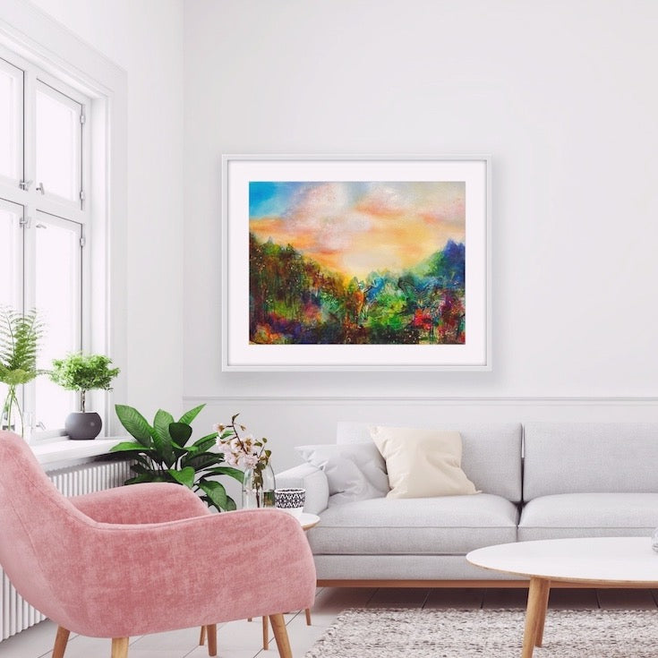 Abstract landscape, mixed media artwork, collage, Sunset, Mindvalley, Sun, Light, Hope, Joy, Edwidge De Mota, Edemota