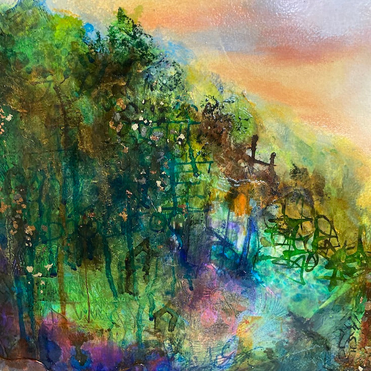 Abstract landscape, mixed media artwork, collage, Sunset, Mindvalley, Sun, Light, Hope, Joy, Edwidge De Mota, Edemota