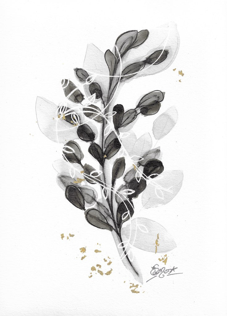 Floral, black and white, gold, chic artwork, chic watercolor, abstract floral, edwidge de mota, Edemota, Boho decor, home decor