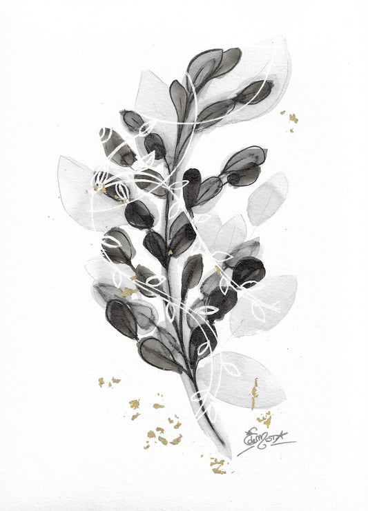 Floral, black and white, gold, chic artwork, chic watercolor, abstract floral, edwidge de mota, Edemota, Boho decor, home decor