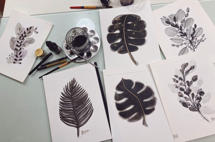 Floral, black and white, gold, chic artwork, chic watercolor, abstract floral, edwidge de mota, Edemota, Boho decor, home decor