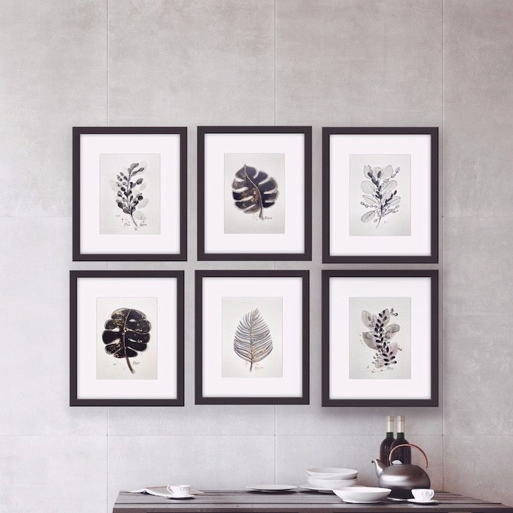 Floral, black and white, gold, chic artwork, chic watercolor, abstract floral, edwidge de mota, Edemota, Boho decor, home decor