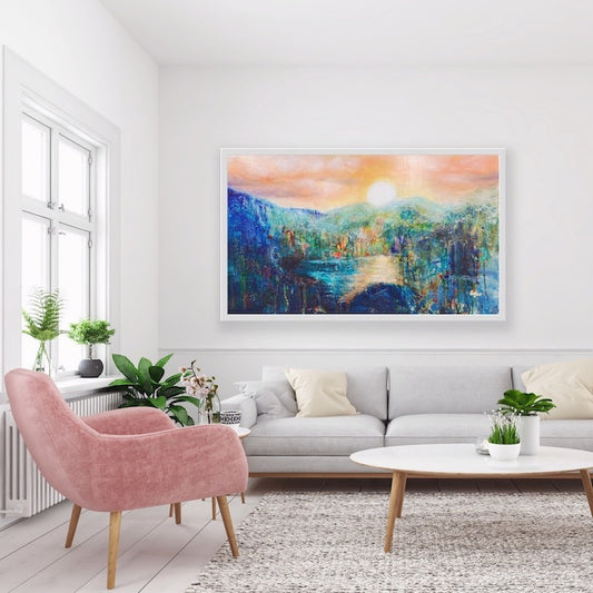 Abstract landscape, mixed media artwork, Mindvalley, collage, Sunset, Sun, Light, Hope, Joy, EdeMota, Edwidge De Mota, artist, contemporary art, conscious art, mindfull art, montreal, artist, canadian artist, woman artist, french artist