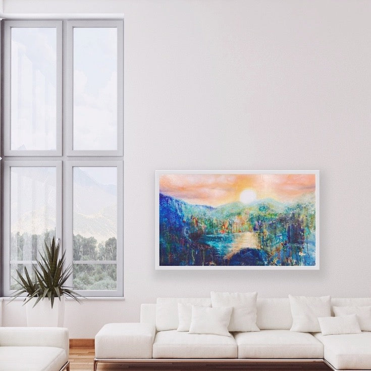 Abstract landscape, mixed media artwork, collage, Mindvalley, Sunset, Sun, Light, Hope, Joy,EdeMota, Edwidge De Mota, artist, contemporary art, conscious art, mindfull art, montreal, artist, canadian artist, woman artist, french artist