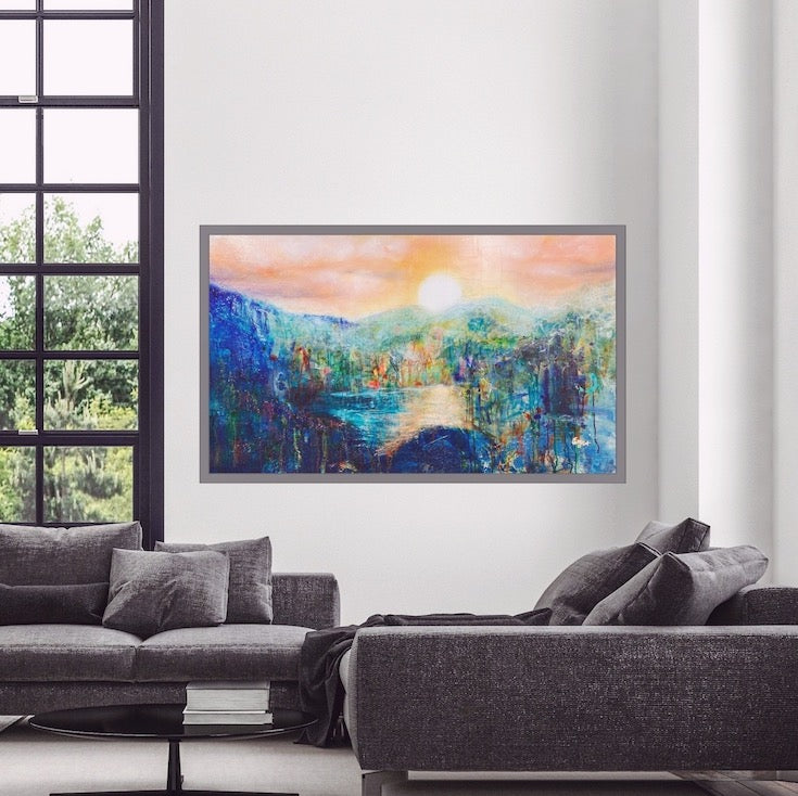 Abstract landscape, mixed media artwork, Mindvalley, collage, Sunset, Sun, Light, Hope, Joy,EdeMota, Edwidge De Mota, artist, contemporary art, conscious art, mindfull art, montreal, artist, canadian artist, woman artist, french artist