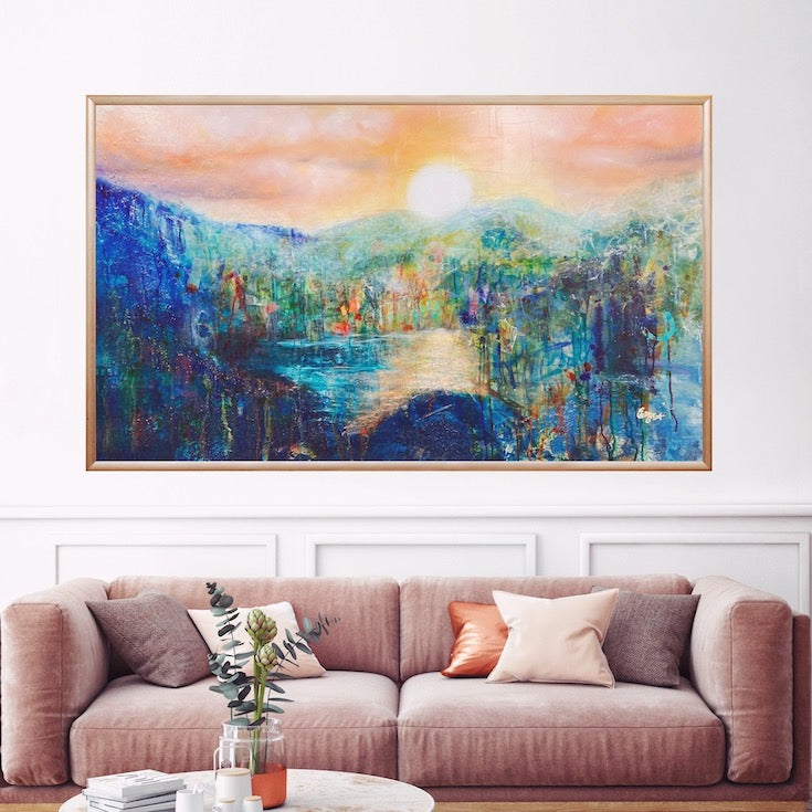 Abstract landscape, mixed media artwork, Mindvalley, collage, Sunset, Sun, Light, Hope, Joy, EdeMota, Edwidge De Mota, artist, contemporary art, conscious art, mindfull art, montreal, artist, canadian artist, woman artist, french artist