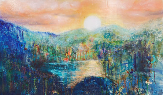 paysage abstrait, abstract landscape, beautiful artwork, beautiful sunset, water, ocean, island, paradise, sky, orange, deep blue, blue, green, collage, mixed media, Edemota, Edwidge De Mota, contemporary art, woman artist, montreal artist, canadian artist, french artist,