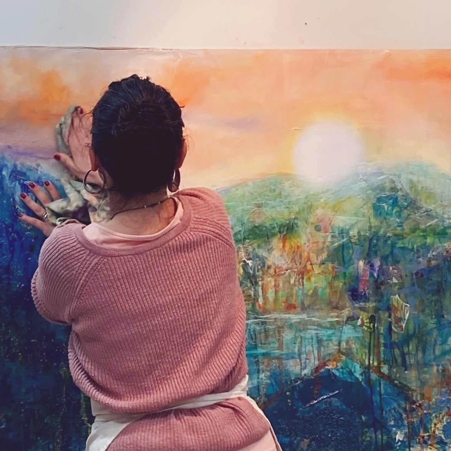 Abstract landscape, mixed media artwork, Mindvalley, collage, Sunset, Sun, Light, Hope, Joy,EdeMota, Edwidge De Mota, artist, contemporary art, conscious art, mindfull art, montreal, artist, canadian artist, woman artist, french artist
